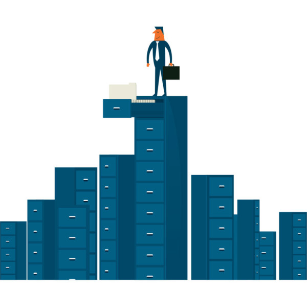 Image of someone standing atop of several filing cabinets.
