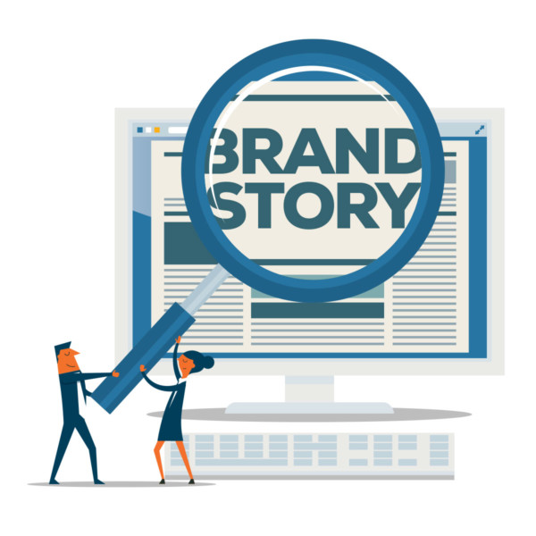 Focusing the magnifying glass on the brand story on the computer