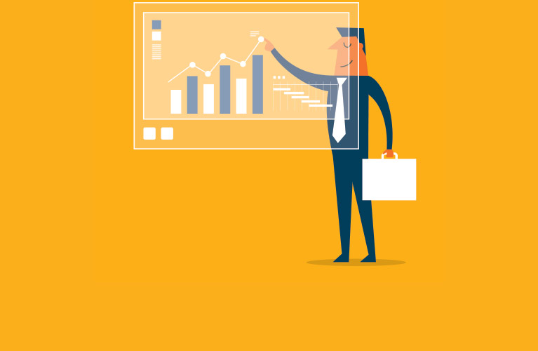 Illustration of a businessperson in a suit holding a briefcase and pointing at a virtual screen displaying bar and line graphs on a yellow background.