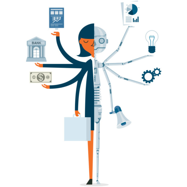 Image of someone who is half machine with various currency and business symbols around them.