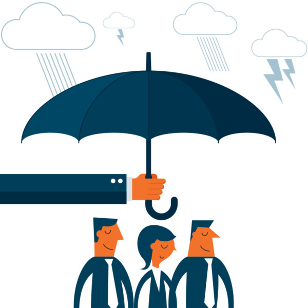 Hand holding umbrella over three people while its raining