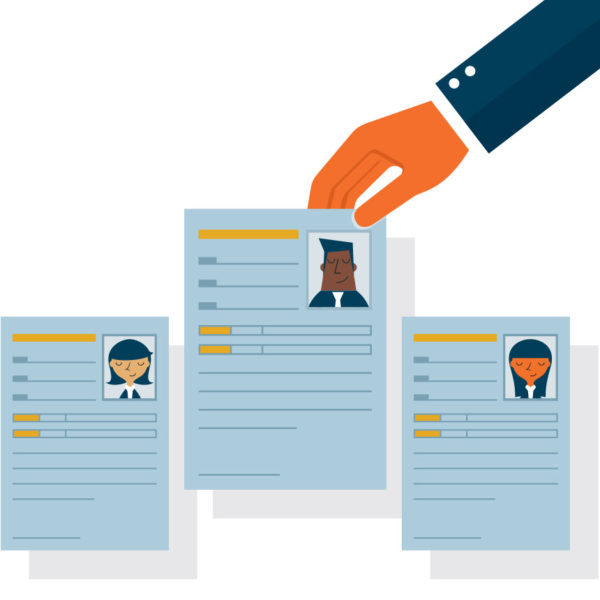Image of a hand selecting a resume from a group