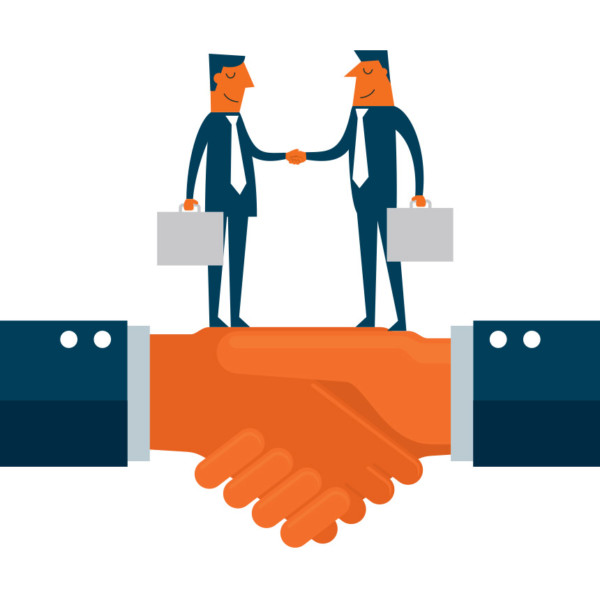 Image of two hands shaking and two people shaking hands on those hands.