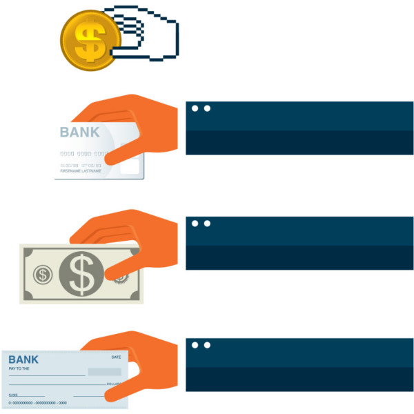 Hands holding out different forms of payments