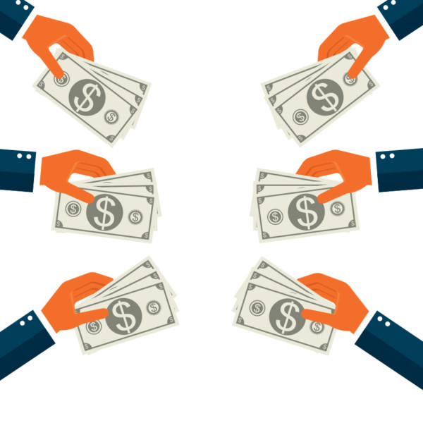 Image of six hands holding money.
