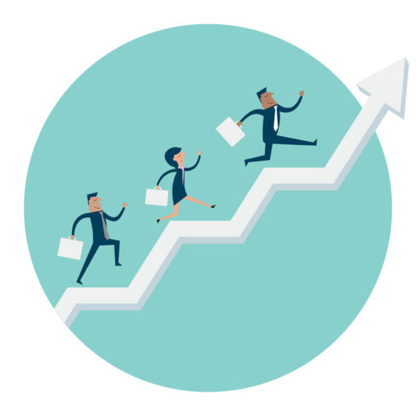 Image of investors holding briefcases and climbing a trend line