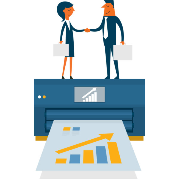 Image of two people shaking hands on a large printer.