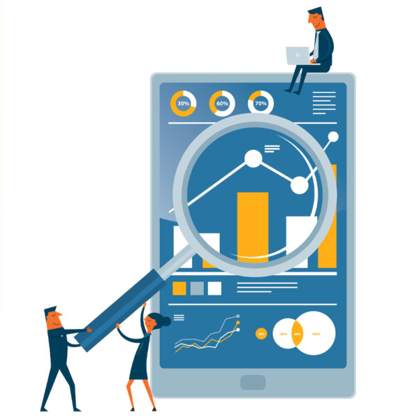 Image of a magnifying glass over a data report.