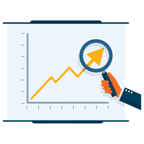 holding a magnifying glass on an increasing chart