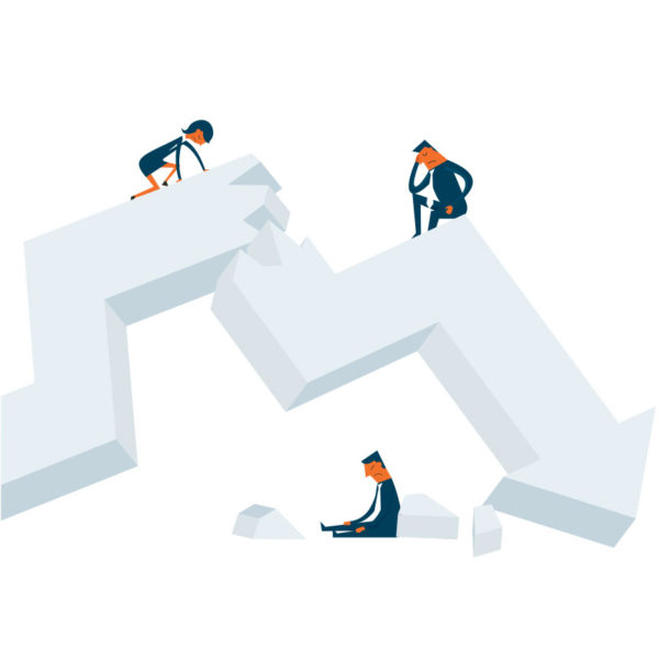 image of male and female employees climbing a crumbling trend line