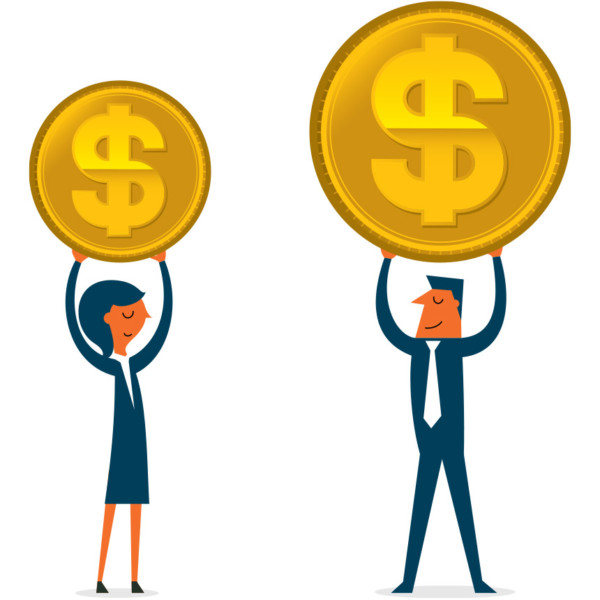 Man and woman holding large coins to compare them
