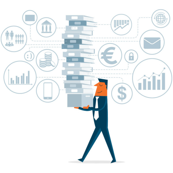 Man holding tall stack of books to learn about small business accounting