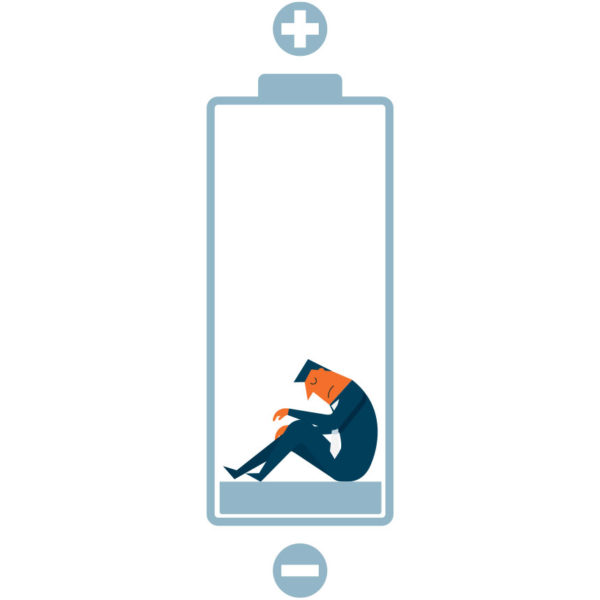 Image of man in a battery symbol with low power