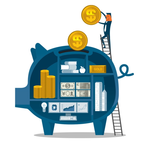 Man putting more money into piggy bank full of money, property, technology, and knowledge