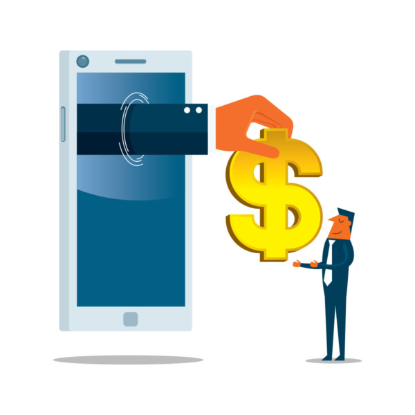 Man receiving money through a giant phone