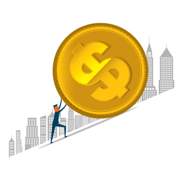 Man rolling big money up a steep hill