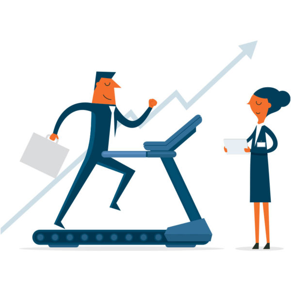 Image of man with a briefcase running on a treadmill toward a trend line