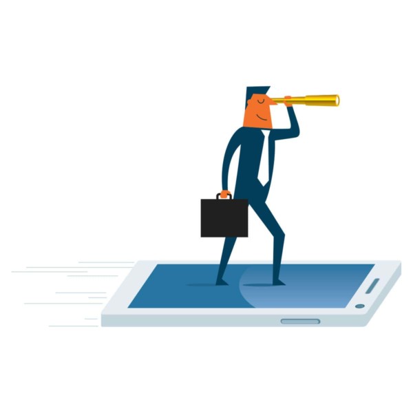 Man on mobile device looking ahead with a telescope