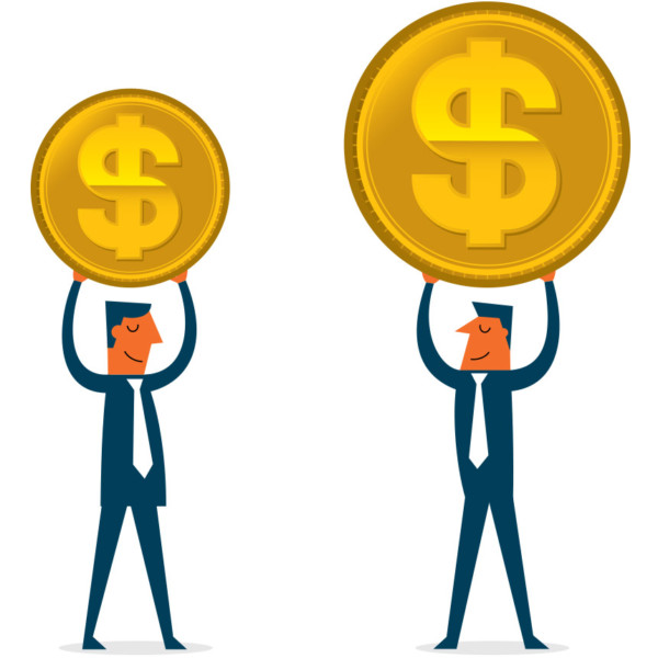 Two men being competitive while holding money above their heads
