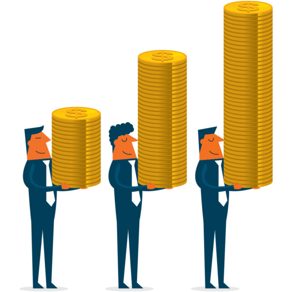Men holding stacks of coins that are gradually growing from left to right