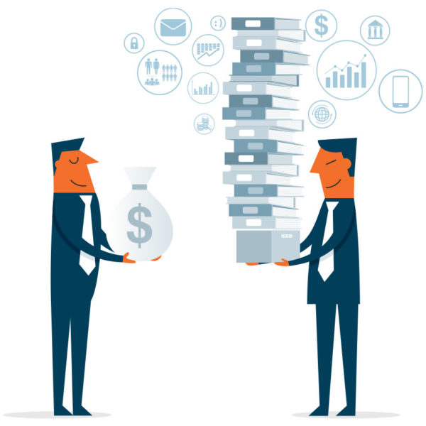 Men trading money and a stack of books to get knowledge to start a business