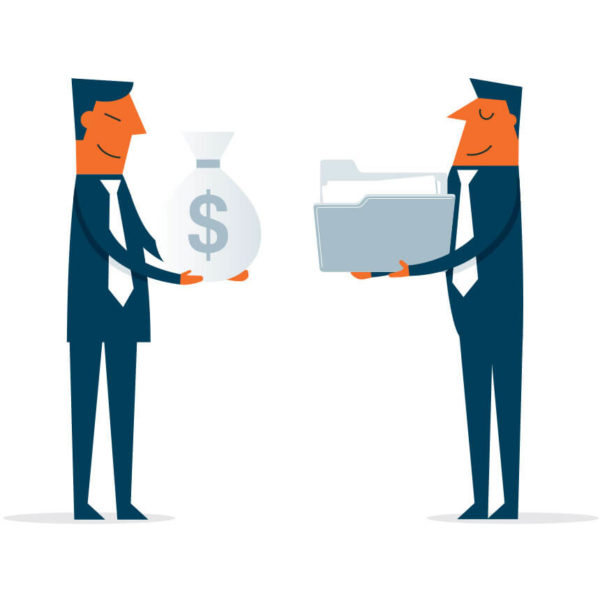 Image of someone exchanging money for a large folder