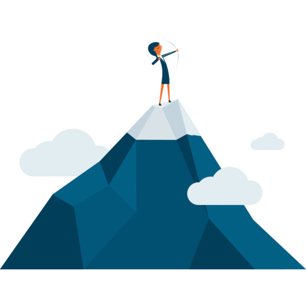 Image someone with a bow and arrow on top of a mountain.