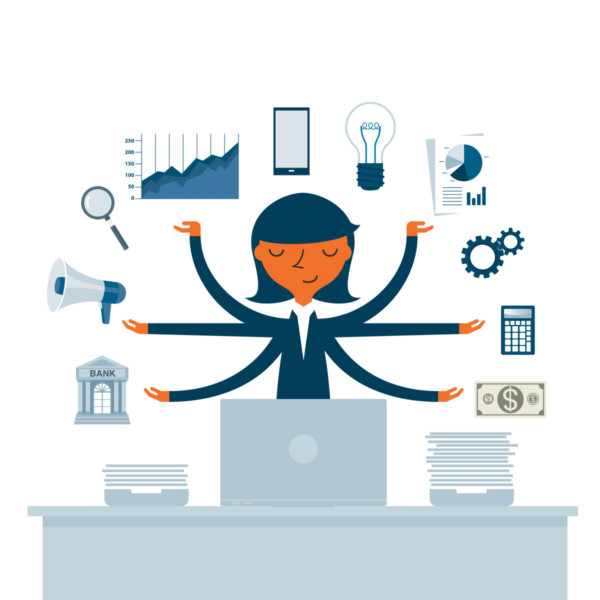 women with 6 arms multi-tasking