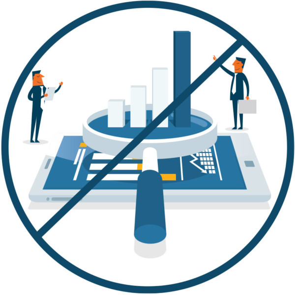 Image of two people looking at data from a tablet with a circle drawn around it and a line crossed through it.