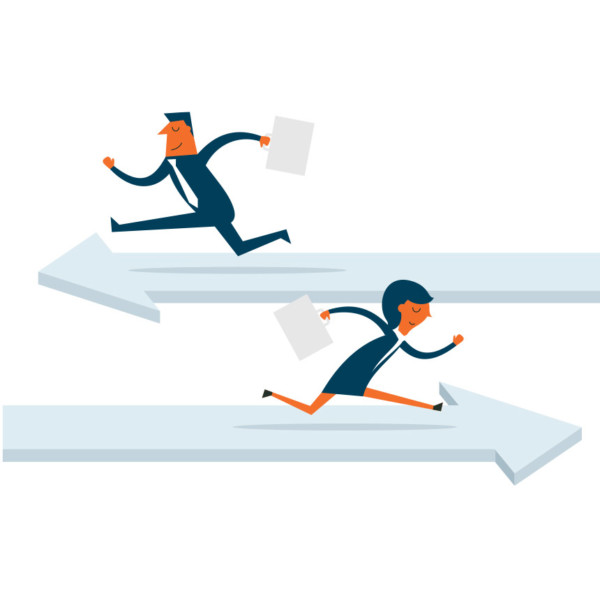 Image of two people running on arrows going in opposite directions.