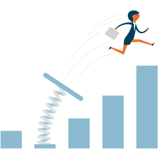 Image of someone being launched by a spring up stairs.