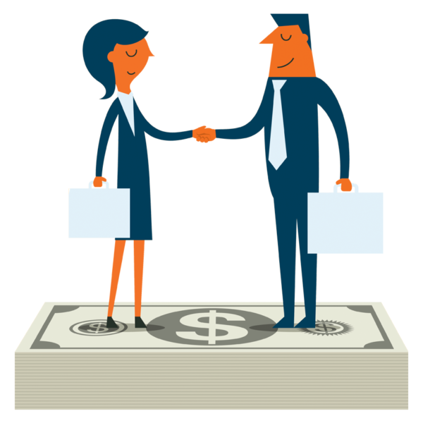 People handshaking on a stack of money to make a deal