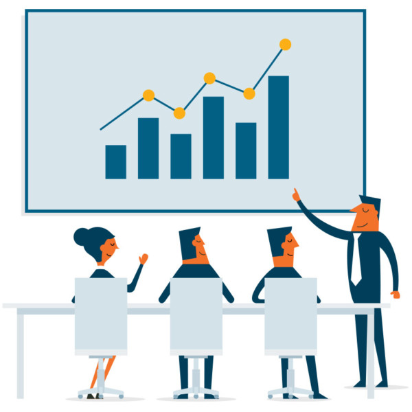 People in a meeting looking at graph for their small business accounting