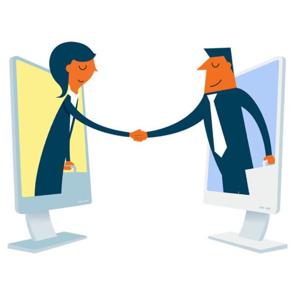 Image of two people shaking hands through a computer screen