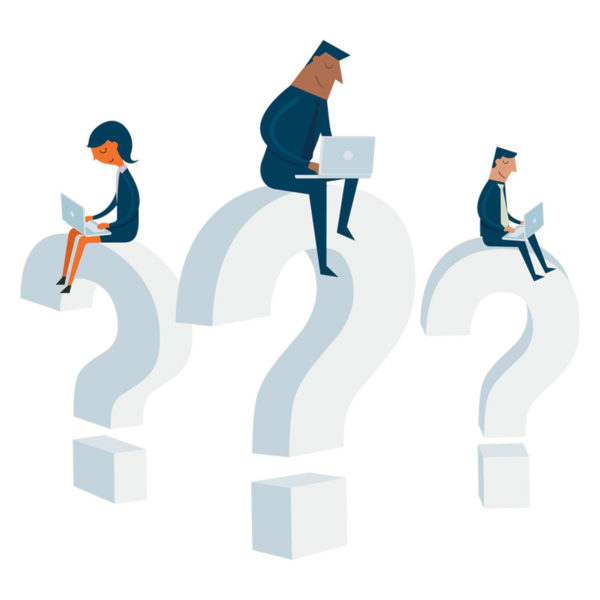 Image of people sitting on question marks while typing on their computers