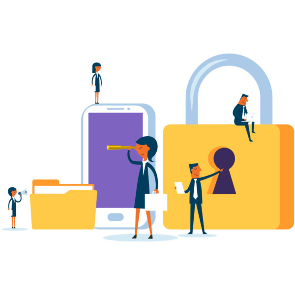 Animated image of a smartphone, file, and lock.