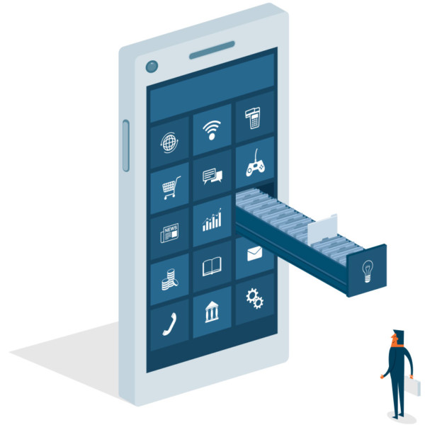 Animated image of a smartphone with a filing cabinet coming out of it.