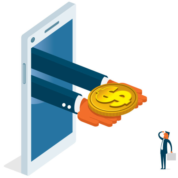 Image of hands extending out with a coin from a phone.