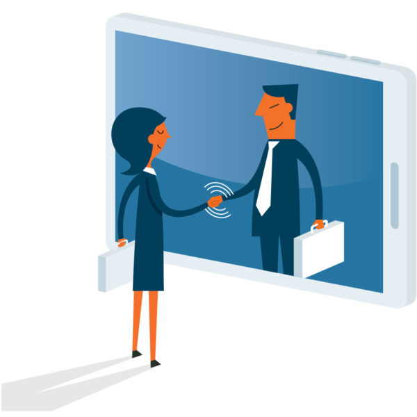 Image of two people shaking hands through a smartphone.
