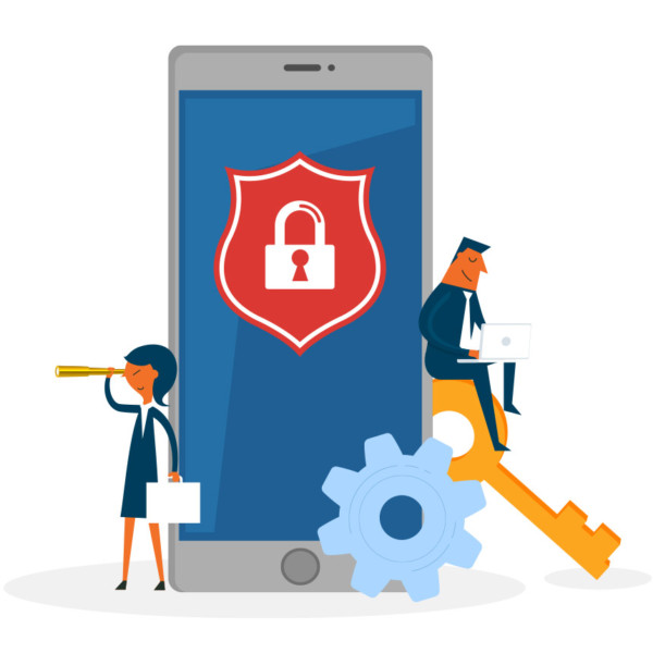 Animated image of people sitting by a smartphone, gear, and key.