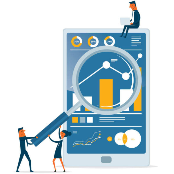Image of people holding up a magnifying glass over a large phone