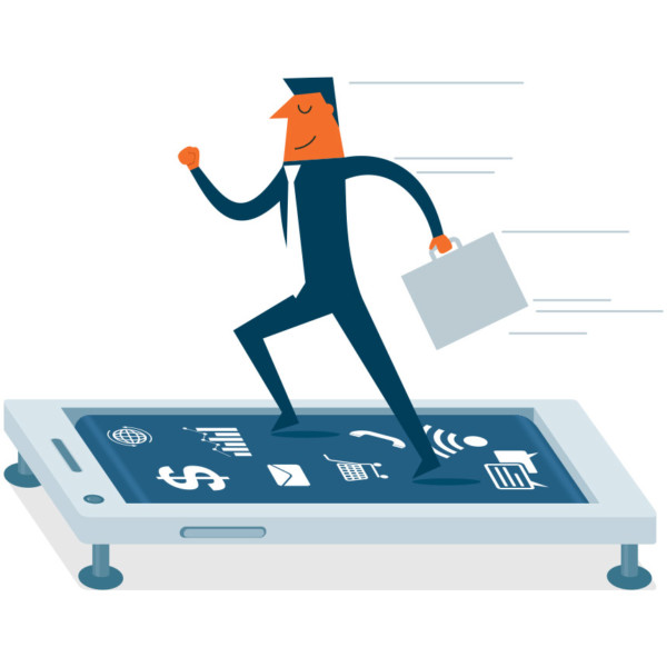 Image of someone with a briefcase running on top of a phone.