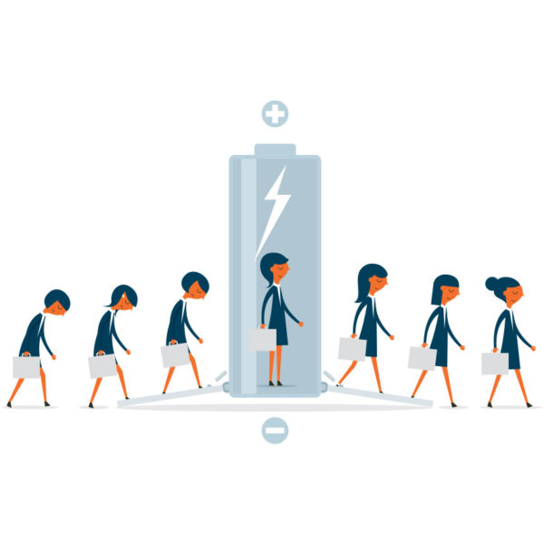 Image of sad females entering a charging station before going to work