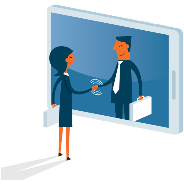 Image of people shaking hands through a phone.