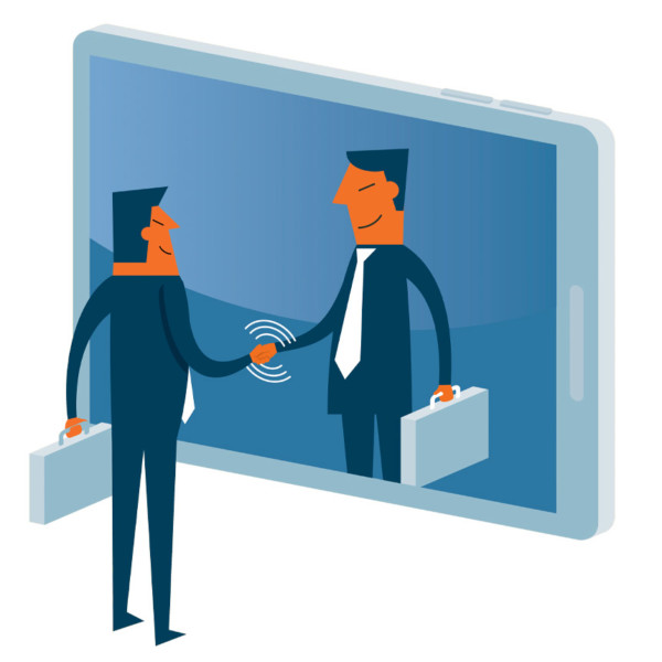 Image of two people shaking hands through a smartphone.