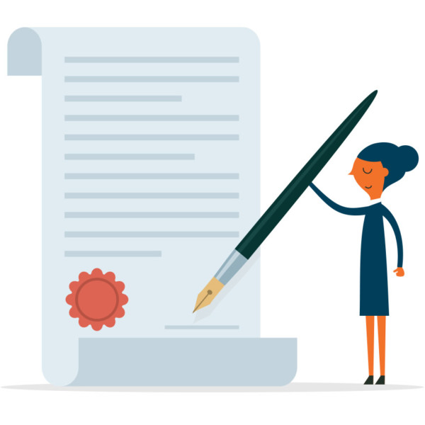 Image of someone with a large pen signing a large document.