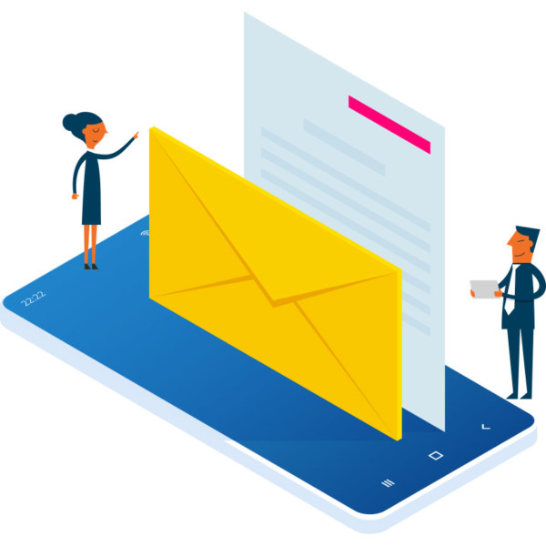 Image of a large smartphone with an envelope and document on top of it.
