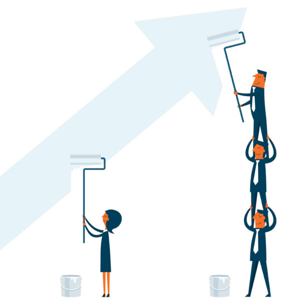 Team working together to cover more of the arrow and getting more done than the single employee