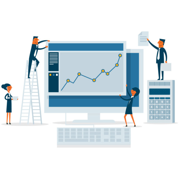 Team working to pull report from computer to see the success of their small business