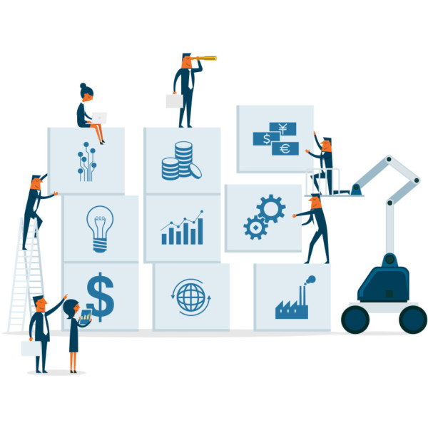 Team working together on different parts of the business in blocks